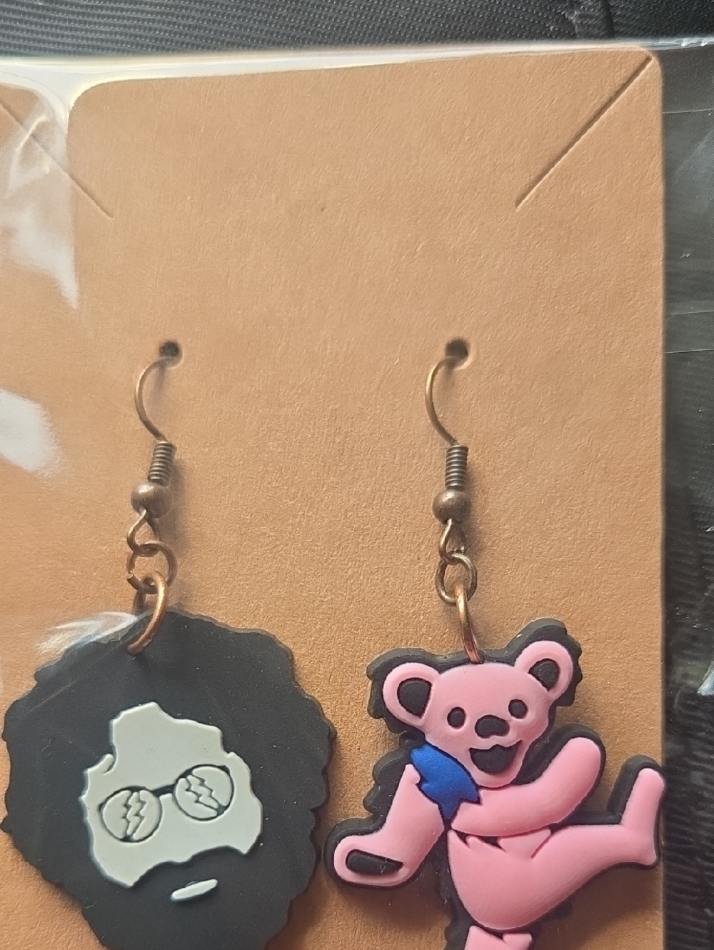 Pink Dancing Bear & Jerry Face Earrings - Grateful Dead